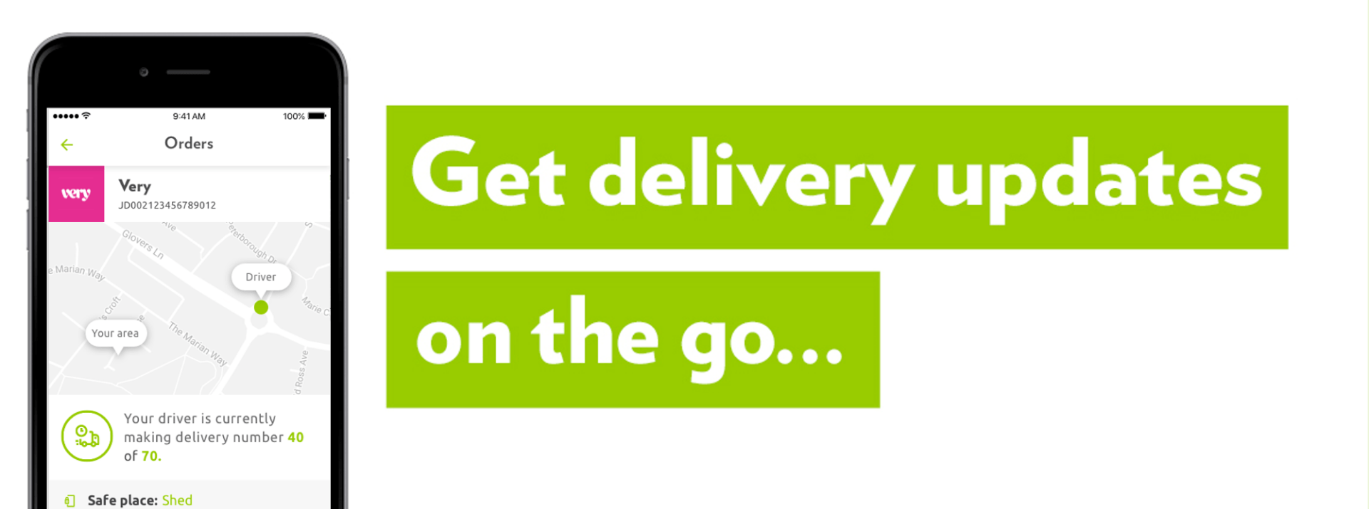 Image of phone showing Yodel app tracking delivery. Next to the phone is white text on green background saying "Get delivery updates on the go..."