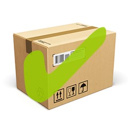 Cardboard box with a green checkmark on it, featuring shipping symbols and a barcode.